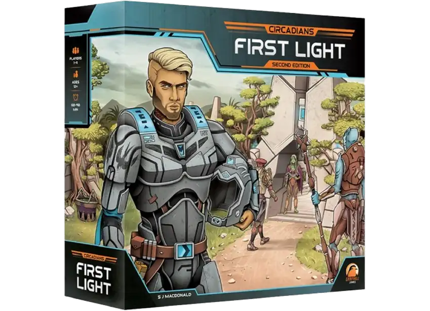 De doos van het bordspel Circadians: First Light met een personage in futuristisch pantser op de voorgrond