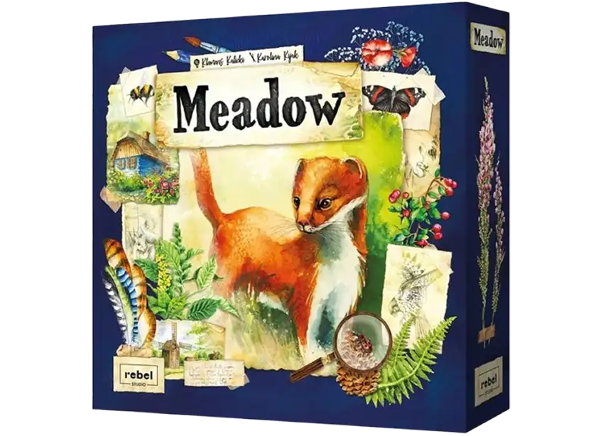 De geïllustreerde doos van het bordspel Meadow met een aquarelafbeelding van een hermelijn en natuurlijke elementen