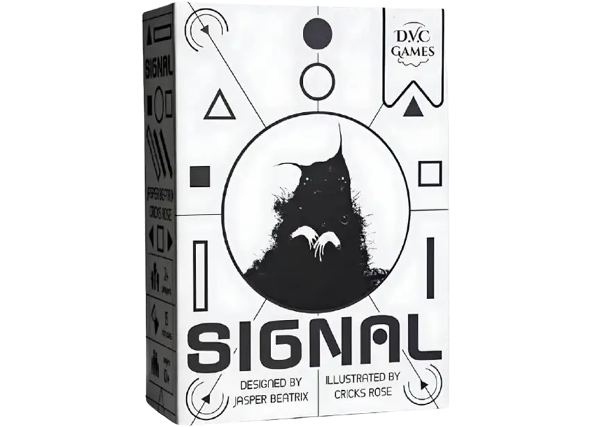 De zwart-witte doos van het bordspel Signal met een abstract silhouet van een wezen en geometrische symbolen