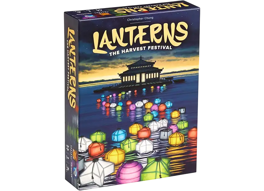 De omslag van het bordspel Lanterns: The Harvest Festival met een afbeelding van een Chinese pagode en veelkleurige, lichtgevende lampionnen op het water