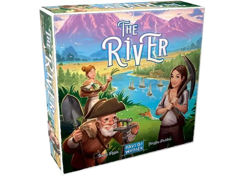 De omslag van het bordspel The River van Days of Wonder, met een afbeelding van pioniers tegen een achtergrond van een rivier en bergen