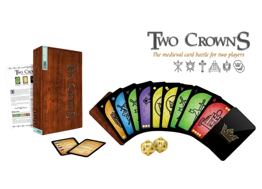 De doos, de spelregels, de dobbelstenen en een stapeltje veelkleurige kaarten van het bordspel Two Crowns tegen een zwarte achtergrond